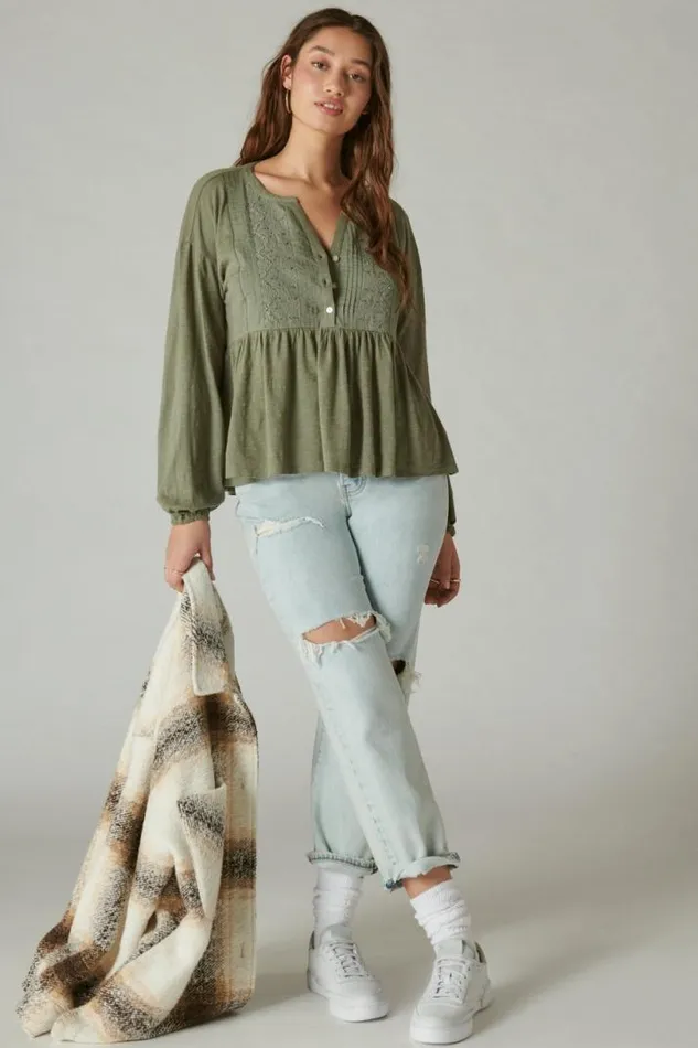 Women Lucky Brand All Tops Beaded Embroidered Pintuck Peplum Top Balsam Green