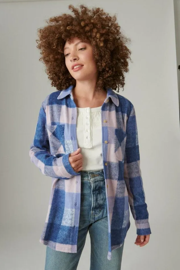 Women Lucky Brand All Tops Knit Shirt Jacket Blue Plaid
