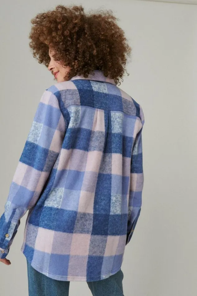 Women Lucky Brand All Tops Knit Shirt Jacket Blue Plaid