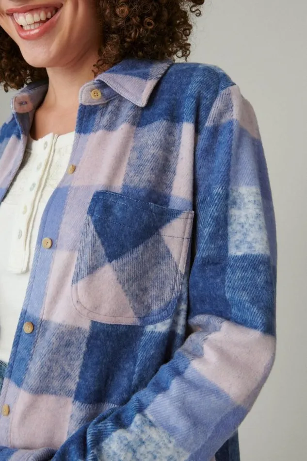 Women Lucky Brand All Tops Knit Shirt Jacket Blue Plaid