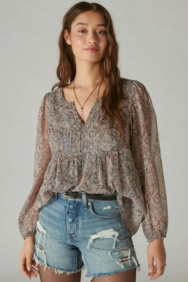 Women Lucky Brand All Tops Open Neck Printed Peasant Top Pink Multi