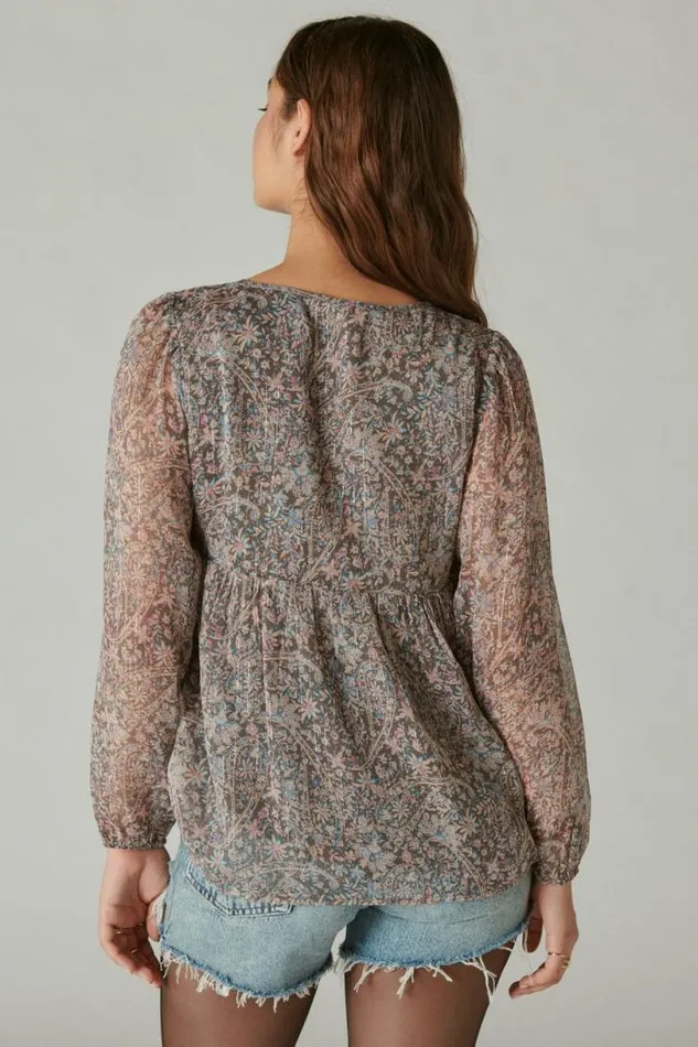 Women Lucky Brand All Tops Open Neck Printed Peasant Top Pink Multi