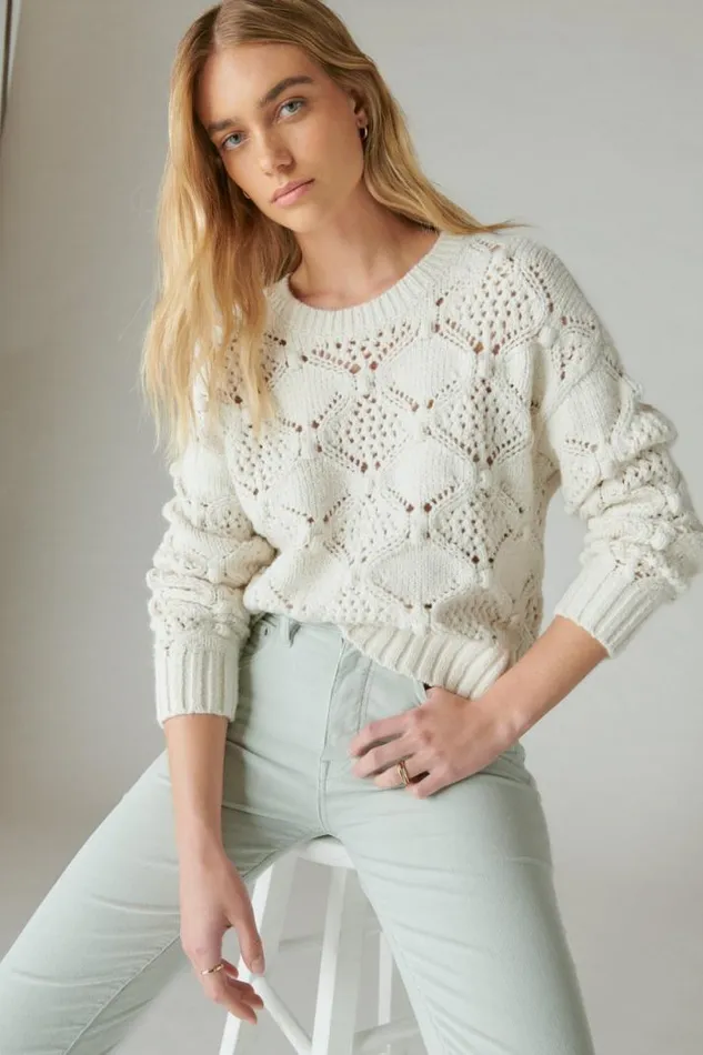 Women Lucky Brand All Tops Open Stitch Pullover Sweater Whisper White