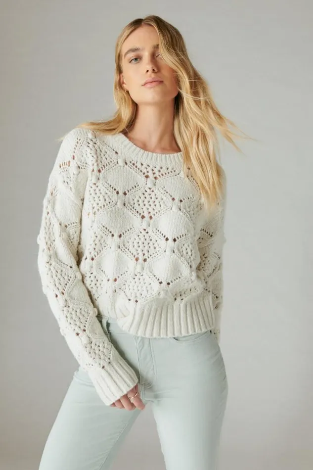 Women Lucky Brand All Tops Open Stitch Pullover Sweater Whisper White