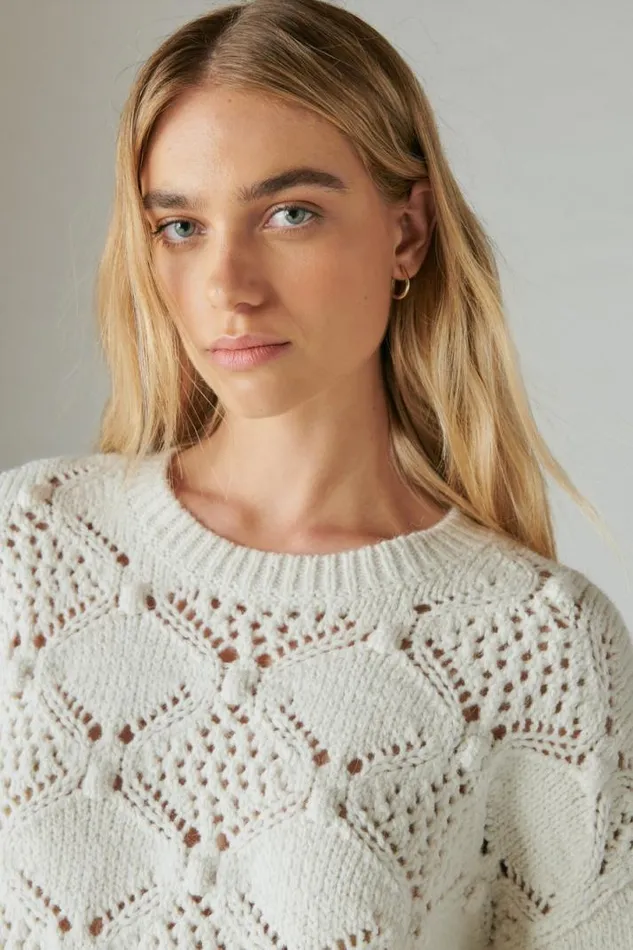 Women Lucky Brand All Tops Open Stitch Pullover Sweater Whisper White