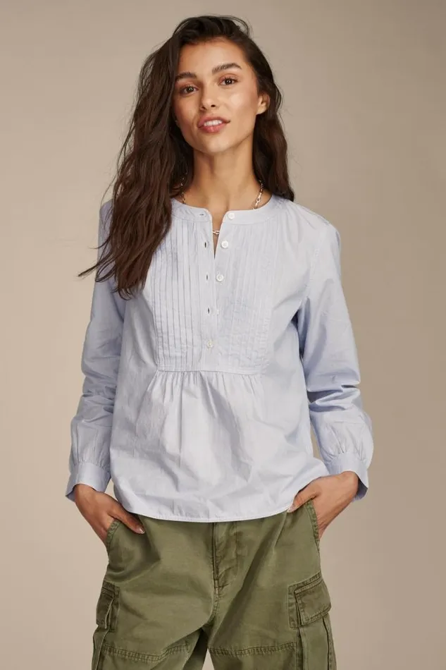 Women Lucky Brand All Tops Pintuck Bib Blouse Blue Stripe