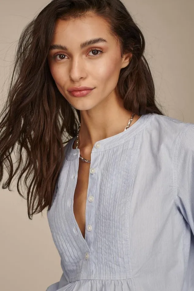 Women Lucky Brand All Tops Pintuck Bib Blouse Blue Stripe