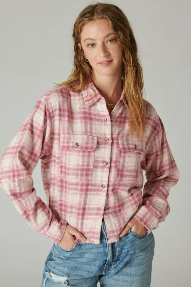 Women Lucky Brand All Tops Raw Edge Cropped Plaid Pink Blush Plaid