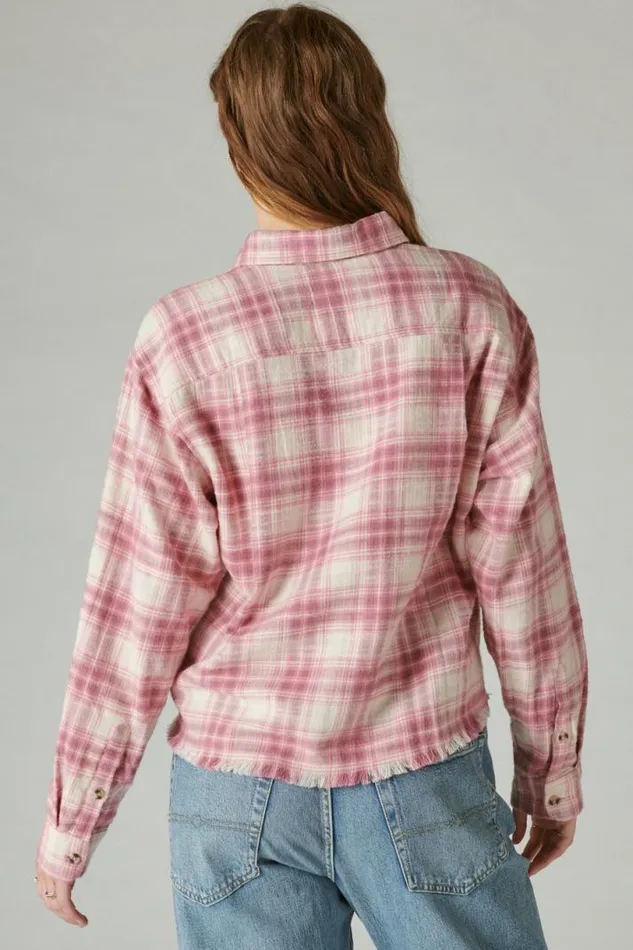 Women Lucky Brand All Tops Raw Edge Cropped Plaid Pink Blush Plaid