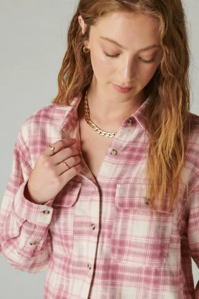 Women Lucky Brand All Tops Raw Edge Cropped Plaid Pink Blush Plaid