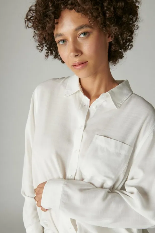 Women Lucky Brand Blouses Boyfriend Buttondown Shirt Bright White