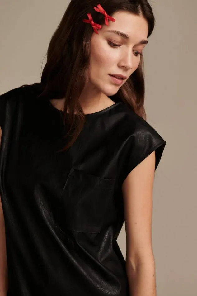 Women Lucky Brand Dresses Faux Leather Dress Black