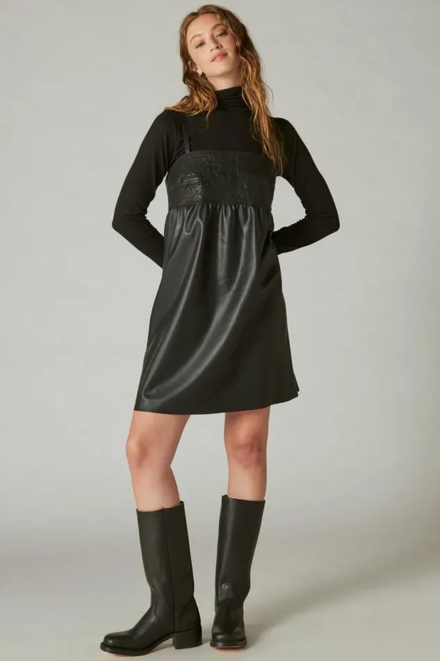 Women Lucky Brand Dresses Leather Embroidered Mini Dress Caviar