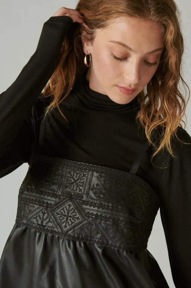 Women Lucky Brand Dresses Leather Embroidered Mini Dress Caviar
