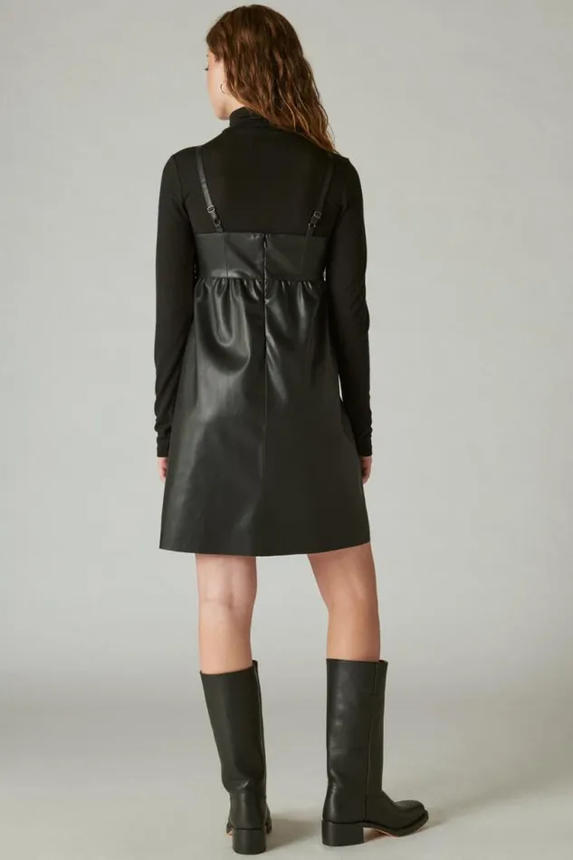 Women Lucky Brand Dresses Leather Embroidered Mini Dress Caviar