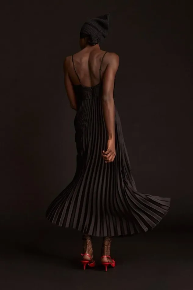 Women Lucky Brand Dresses Pleated Midi Dress Black