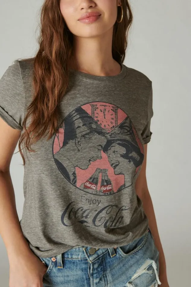 Women Lucky Brand Graphic Tees Coke New Years Classic Crew Heather Grey