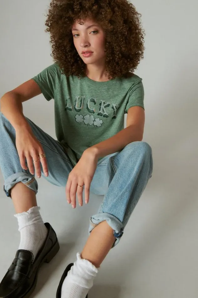 Women Lucky Brand Graphic Tees Lucky Arch Classic Crew Pine Ridge