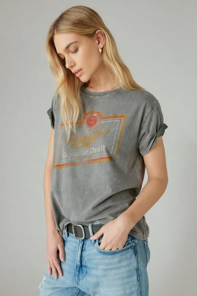 Women Lucky Brand Graphic Tees Miller Genuine Boyfriend Tee Plum Kitten