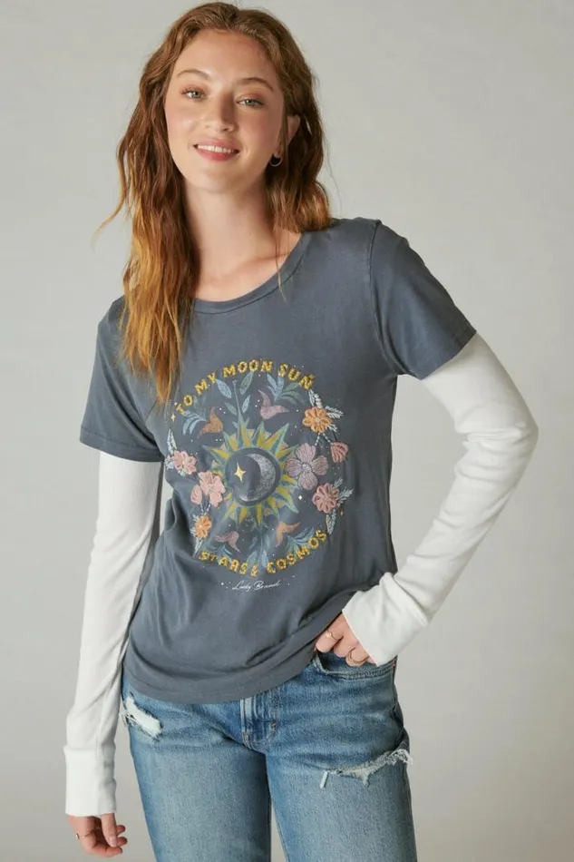 Women Lucky Brand Graphic Tees Stars And Cosmos Classic Crew Black Iris