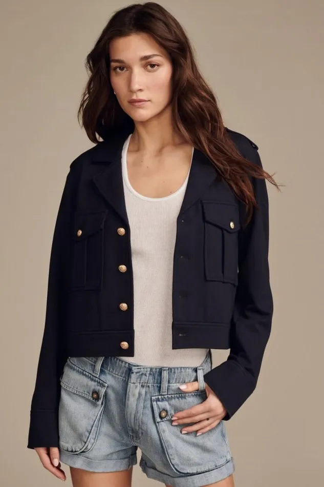 Women Lucky Brand Jackets and Outerwear Cropped Ponte Jacket Navy