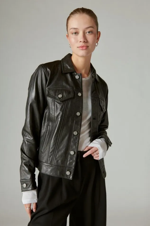 Women Lucky Brand Jackets and Outerwear Leather Trucker Jacket 001 Lucky Black