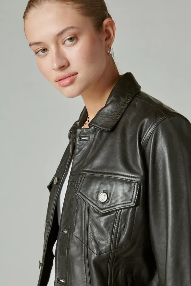 Women Lucky Brand Jackets and Outerwear Leather Trucker Jacket 001 Lucky Black