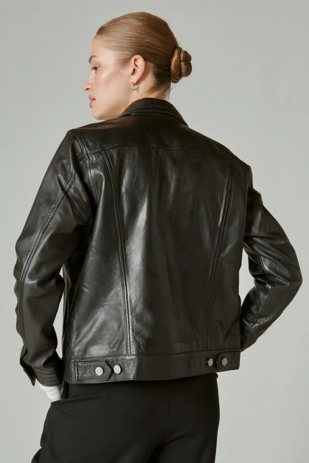 Women Lucky Brand Jackets and Outerwear Leather Trucker Jacket 001 Lucky Black