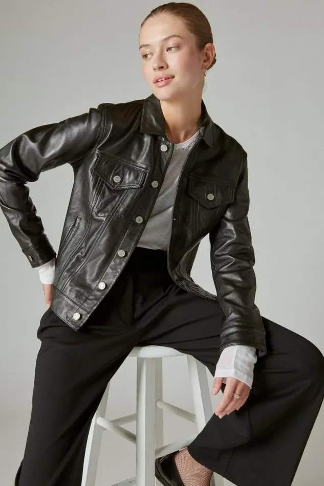 Women Lucky Brand Jackets and Outerwear Leather Trucker Jacket 001 Lucky Black