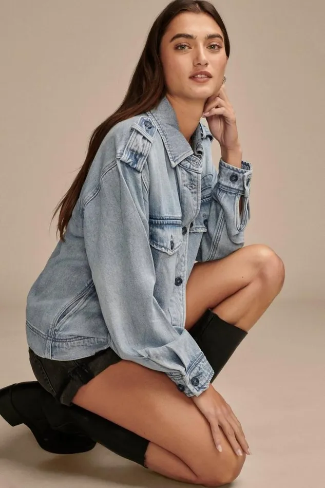 Women Lucky Brand Jackets and Outerwear Liquid Denim Luxe Utility Jacket Marine