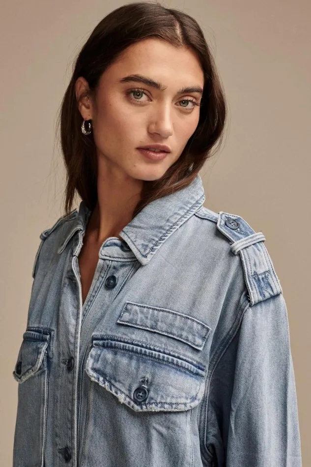 Women Lucky Brand Jackets and Outerwear Liquid Denim Luxe Utility Jacket Marine