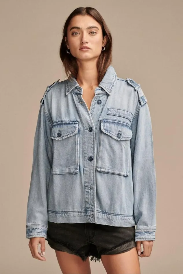 Women Lucky Brand Jackets and Outerwear Liquid Denim Luxe Utility Jacket Marine