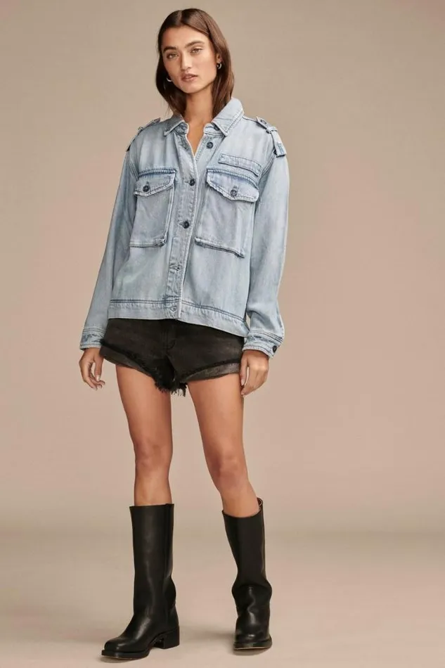 Women Lucky Brand Jackets and Outerwear Liquid Denim Luxe Utility Jacket Marine