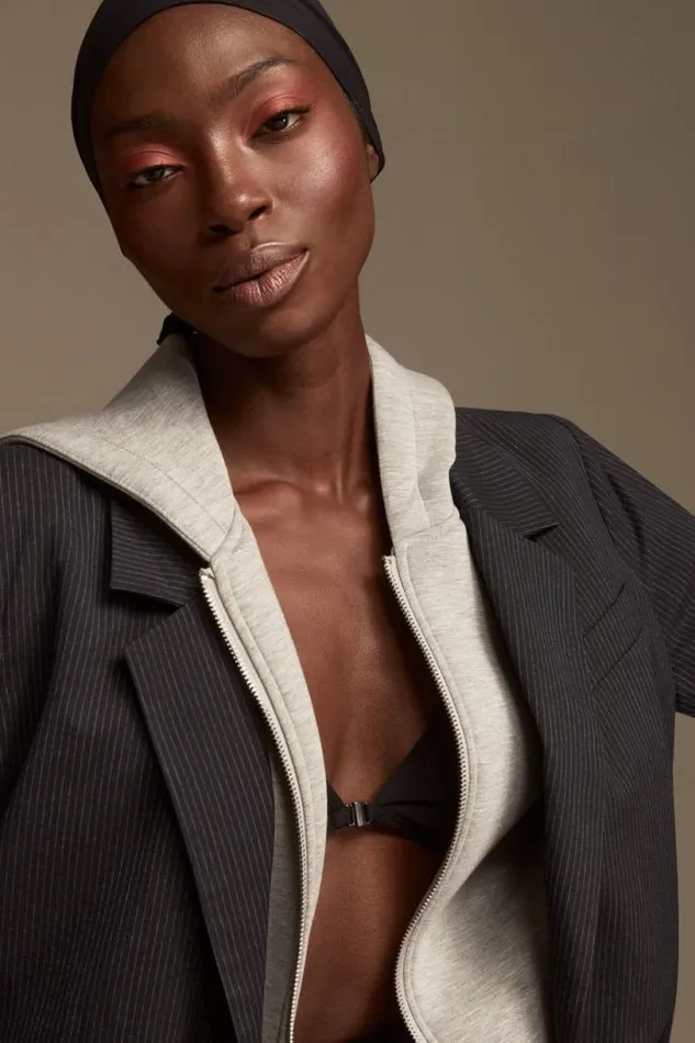 Women Lucky Brand Jackets and Outerwear Oversized Pinstripe Blazer Navy Pinstripe