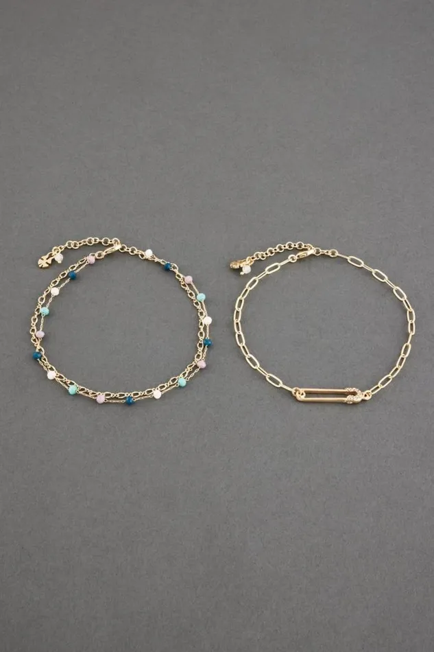 Women Lucky Brand Jewelry Pave Safety Pin Anklet Set Gold