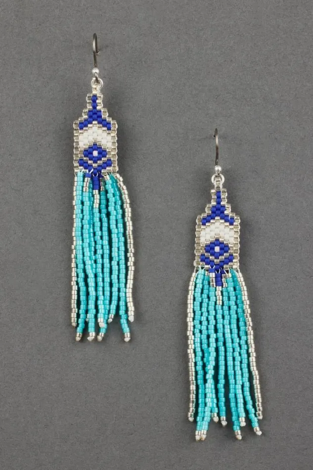 Women Lucky Brand Jewelry Turquoise Seed Bead Fringe Earring Silver