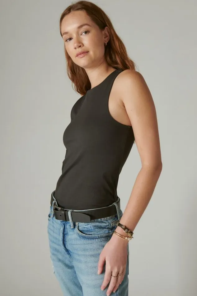 Women Lucky Brand Knit Tops Seamless Racer Tank Jet Black