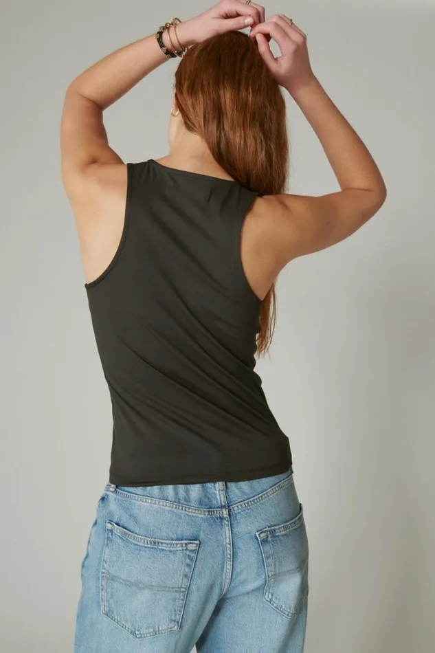 Women Lucky Brand Knit Tops Seamless Racer Tank Jet Black