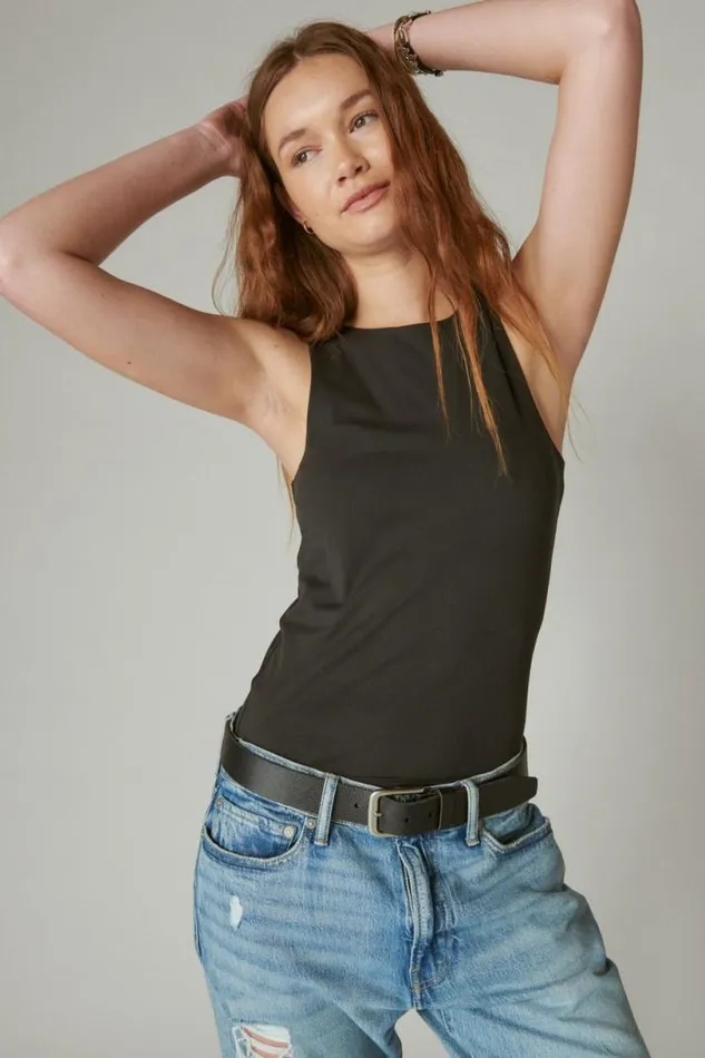 Women Lucky Brand Knit Tops Seamless Racer Tank Jet Black