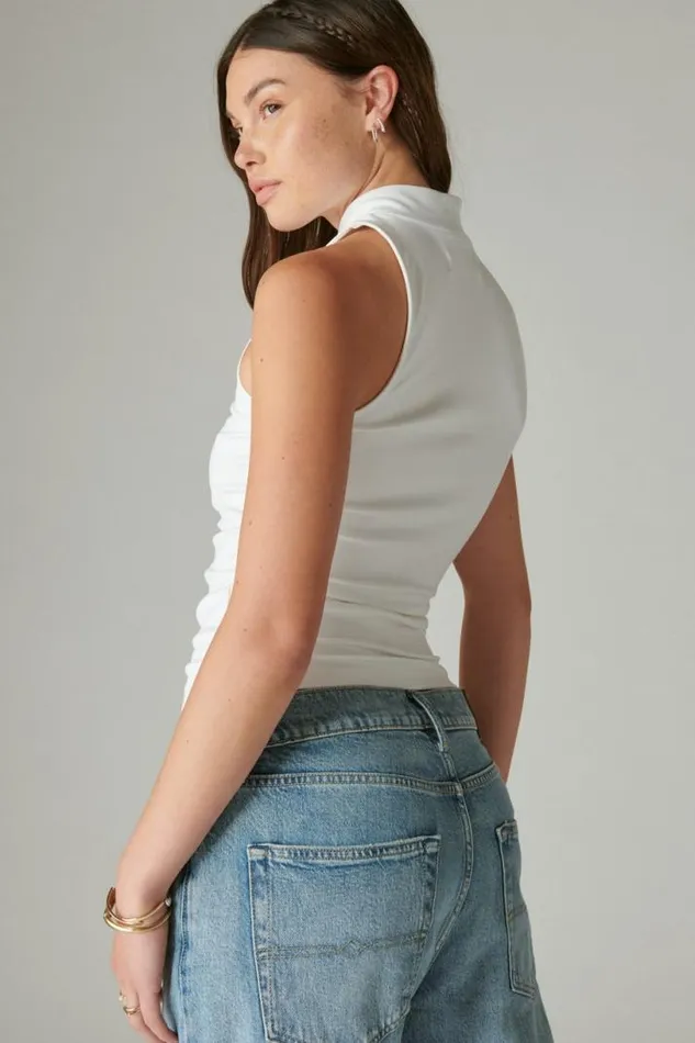 Women Lucky Brand Knit Tops Sleeveless Mock Neck Top Bleach