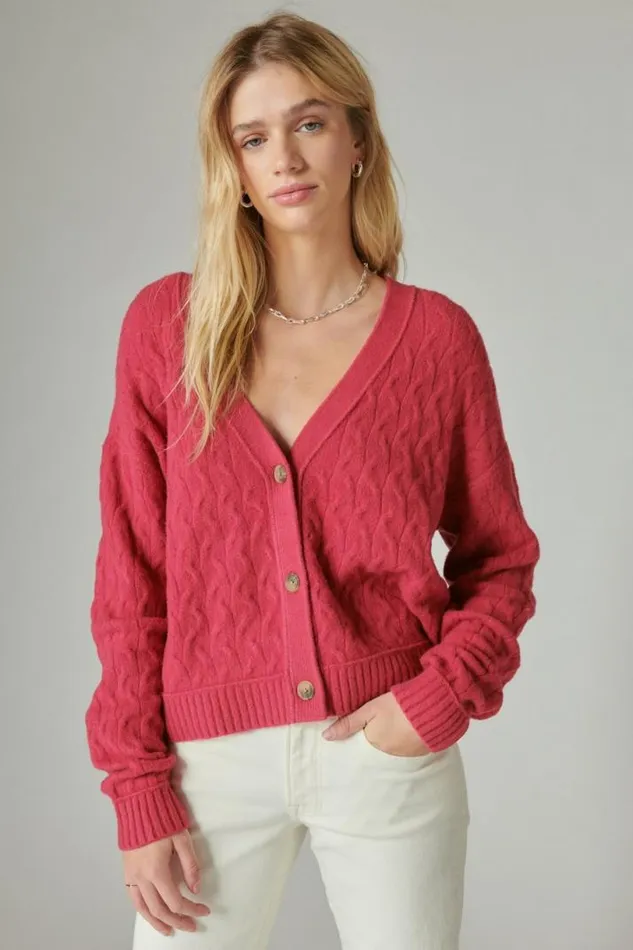 Women Lucky Brand Sweaters and Sweatshirts Cozy Cable Stitch Cardigan Red Bud