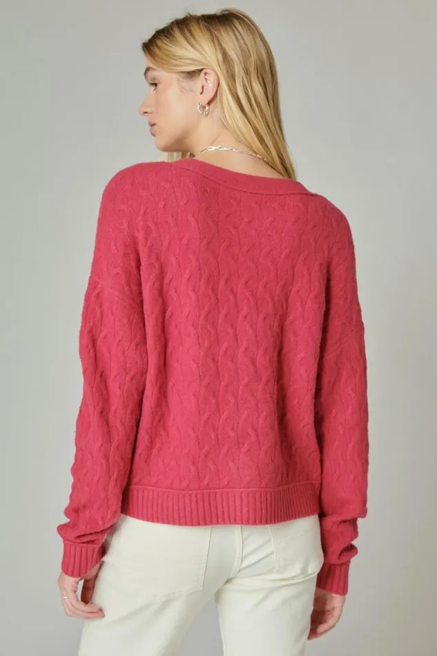 Women Lucky Brand Sweaters and Sweatshirts Cozy Cable Stitch Cardigan Red Bud