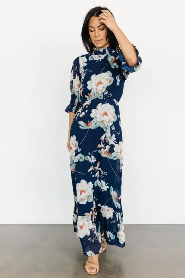 Women Marie Mock Neck Maxi Dress Navy Floral Baltic Born Maxi Dresses Women Marie Mock Neck Maxi Dress Navy Floral Baltic Born Maxi Dresses