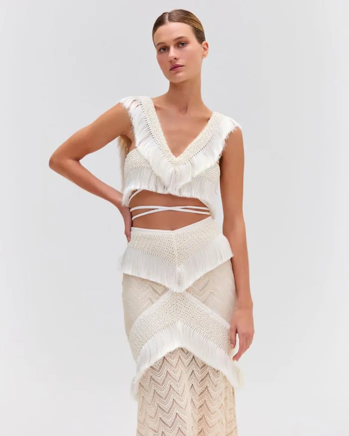 Women Matching Sets PatBO Fringe Trim Cropped Top Bone
