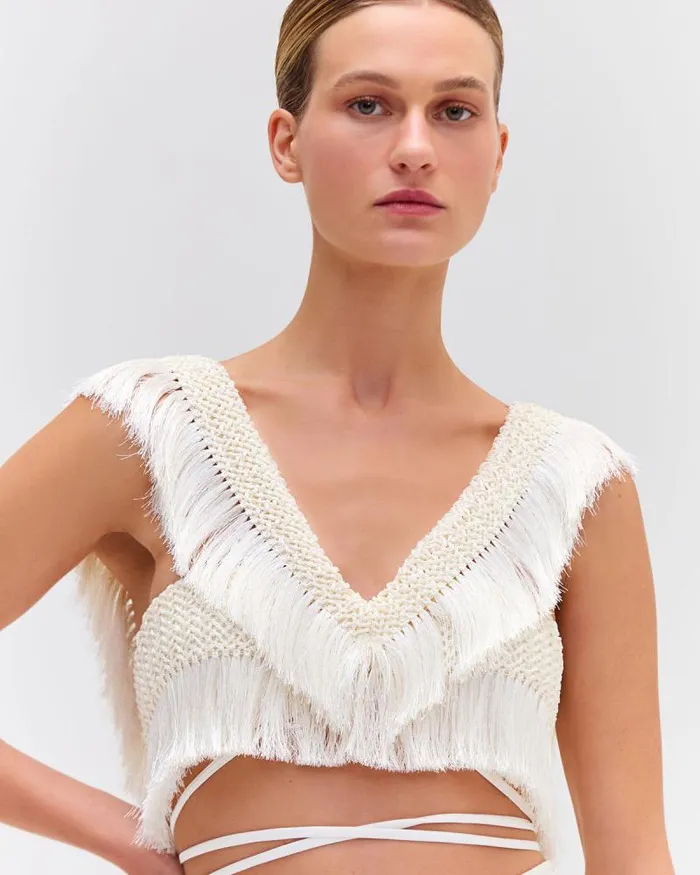Women Matching Sets PatBO Fringe Trim Cropped Top Bone