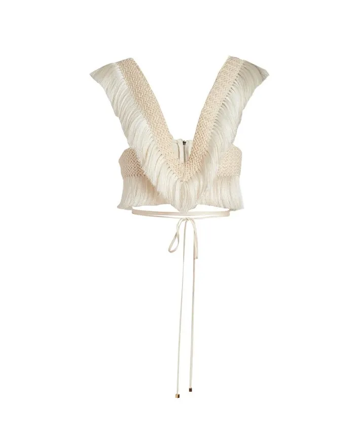 Women Matching Sets PatBO Fringe Trim Cropped Top Bone