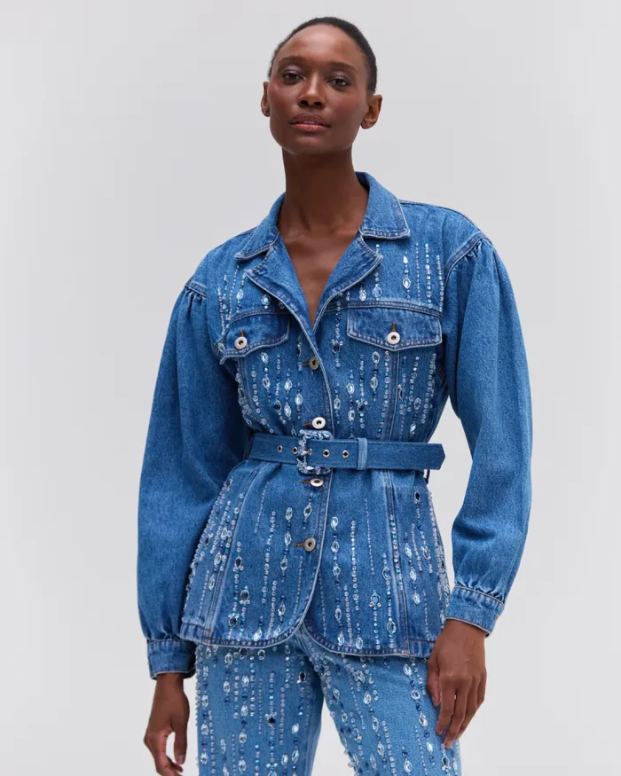 Women Matching Sets PatBO HandBeaded Denim Jacket Denim