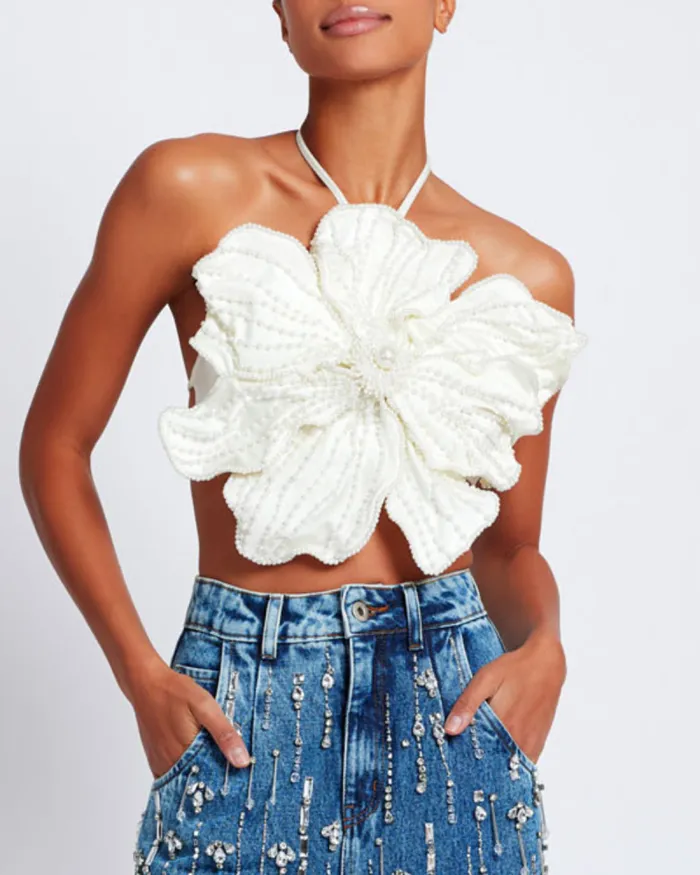Women Matching Sets PatBO HANDBEADED FLOWER TOP White