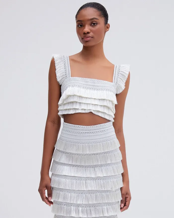 Women Matching Sets PatBO Metallic Fringe Cropped Top Silver