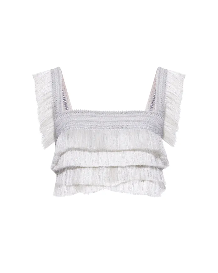 Women Matching Sets PatBO Metallic Fringe Cropped Top Silver